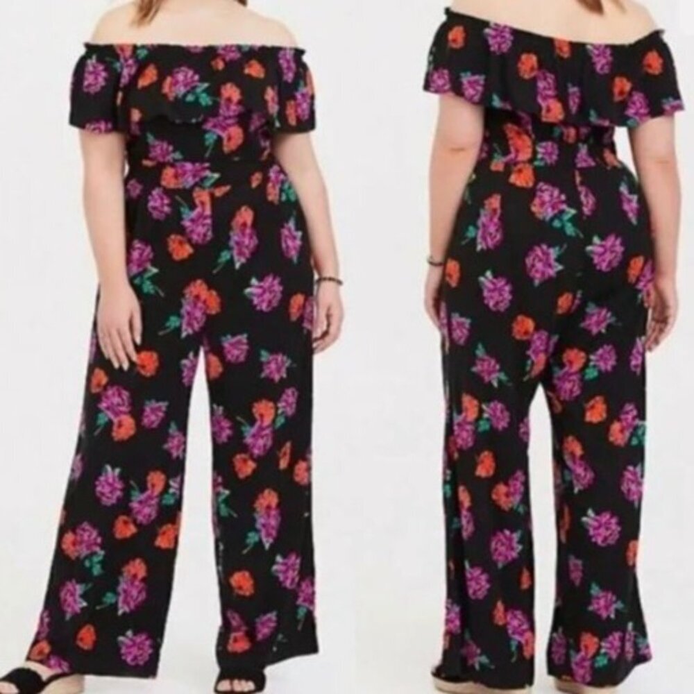 Torrid Black Floral Off-the-Shoulder Jumpsuit Flowy Wide Leg Women's 1X